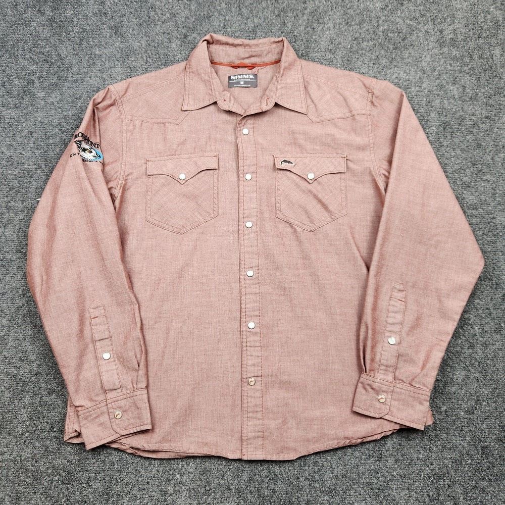 Simms‎ Western Shirt Mens Medium Pink Snap Front Long Sleeve TroutHunter Fishing